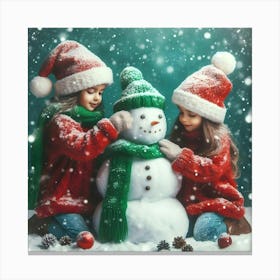 Two Girls Making A Snowman Canvas Print