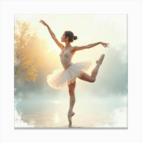 Ballet Dancer With Watercolor Misty Morning Backdrop 1 Canvas Print