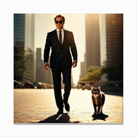 Businessman Wearing Sunglasses Accompanied By A Cat Playing At His Feet Downtown Skyscrapers Loomin (6) Canvas Print