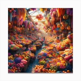 A vibrant and bustling market filled with colorful fruits and flowers.1 Canvas Print