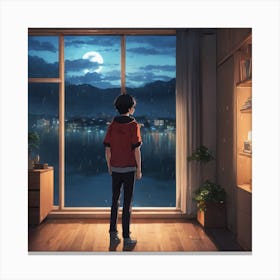 Solitude by the Riverside: A Rainy Night's Reflection Canvas Print