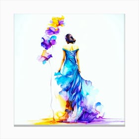 Pansy Fall Flowers - Woman In Blue Dress Canvas Print