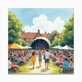 A Watercolor Of Locals Attending A Summer Outdoor Concert In An English Town 1 Canvas Print