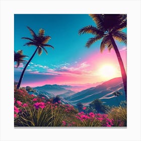 Sunset In The Mountains, Tropical Landscape With Palm Trees, blue sky, wall art, trees, flowers, and sun. good look, 1 Canvas Print