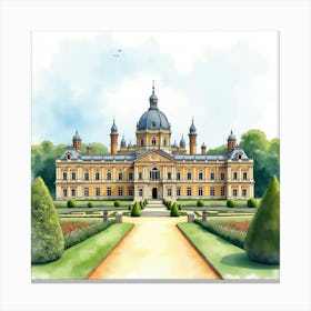 Watercolor View Of The Blenheim Palace In Oxfordshire, Showcasing Its Majestic Architecture And Beautiful Gardens Canvas Print