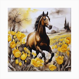 Horse In Yellow Tulips Painting Canvas Print