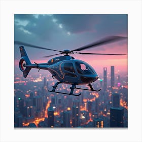 A Futuristic Ai Controlled Helicopter Flying Over A Neon City Skyline 1 Canvas Print