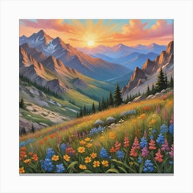 Sunset in the Mountains, Boho Landscape, Wildflowers Art Print 3 Canvas Print