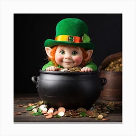 Little Leprechaun Peeks Out Of The Pot W 3 Canvas Print