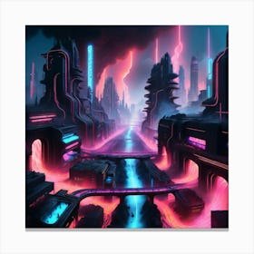 Cyberpunk city with lava flowing through Canvas Print