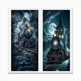 Train In The Night,Moonlit Journey: A Gothic Train Adventure Canvas Print