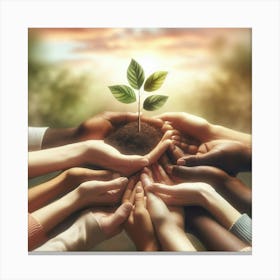 Multiracial Hands Holding A Plant Canvas Print