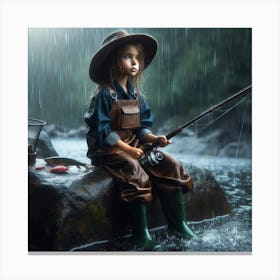 Little Girl Fishing In The Rain 3 Canvas Print