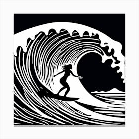 Linocut Black And White Surfer Girl On A Wave art, surfing art, 226 Canvas Print