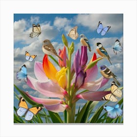 Colorful Flowers With Birds Canvas Print