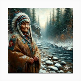 Elderly Native American Woman By Stream Copy Canvas Print