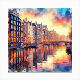 Amsterdam Canal Houses Reflected In A Dreamy Watercolor Sunset, Style Watercolor 1 Canvas Print