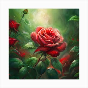 Beautiful Red Rose In The Green Garden Canvas Print