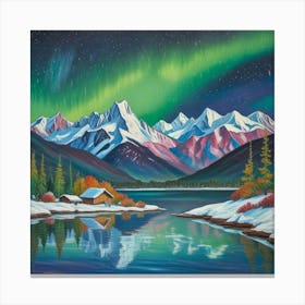 Aurora Over Snow Capped Peaks A Tranquil Mountain Reflection (6) Canvas Print