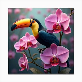 A Colorful Toucan Perched On A Giant Orchid, Surrounded By Surreal Floating Flowers Canvas Print