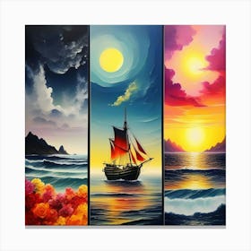 hree different vertical panels, ocean sea ⛵ ships 9 Canvas Print