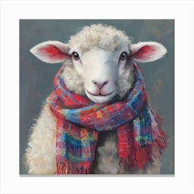 A Cute Sheep Portrait, Dressed In A Cozy Scarf With Vibrant Colors Of Red And Blue Plaid Pattern Leinwandbild