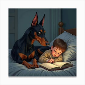 A Loyal Doberman Resting By A Child’S Side As They Read A Bedtime Story 1 Canvas Print