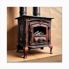 A Highly Detailed, Vibrant, Rough Color Pencil Sketch Of An Old, Rusted, Wooden Burning Stove 2 Canvas Print