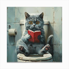 Cat Reading A Book On Toilet Canvas Print