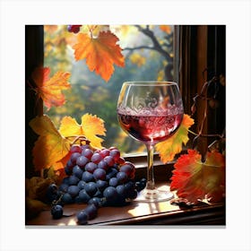 Still Life Autumn Bunch Of Grapes On The Window Wine In A Glass Canvas Print