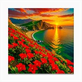 Sunset With Red Flowers Canvas Print