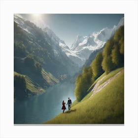 Couple Walking Down A Mountain Canvas Print