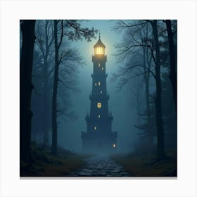 A Glowing Tower Rising From A Misty, Enchanted Forest 1 Canvas Print