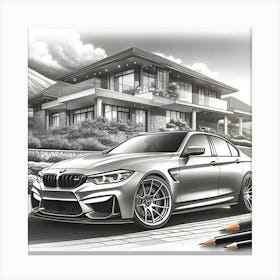 A Pencil Drawing Of A BMW M3 In Front Of A Beautiful Modern Mansion Canvas Print