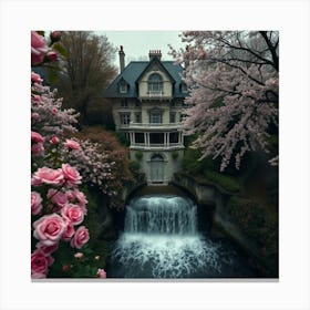 Pink Roses And Waterfall Canvas Print