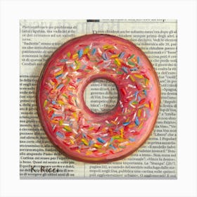 Donut On Newspaper Pastry Food Pink Aesthetic Minimal Wall Decor Canvas Print