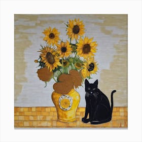 Sunflowers And Black Cat Canvas Print