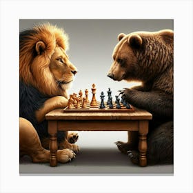 Lion And Bear Playing Chess Canvas Print