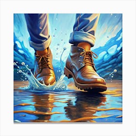 A Pair Of Brown Leather Shoes Walking Through A Puddle Of Water Canvas Print