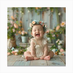 Baby Laughing In Front Of Flowers Canvas Print