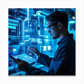 Abstract Cyber Industrial Icon Featuring A Futuristic Manager Interfacing With An Ai System Engagin (3) Canvas Print