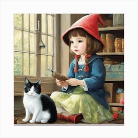 Cute Kawaii Gnome Girl Sitting And Painting Her Cats Back With Magic Brushstunning Masterpiece B Canvas Print