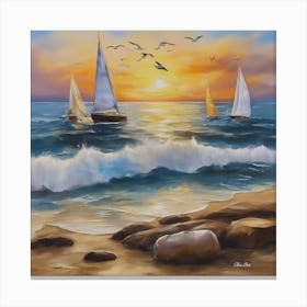 Oil painting design on canvas. Sandy beach rocks. Waves. Sailboat. Seagulls. The sun before sunset.3 Canvas Print