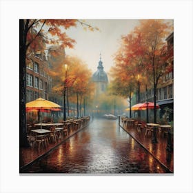 Amsterdam cafes, autumn season, rain, autumn oil colours.Faded colours,People passing on the street, winter clothes, rain umbrellas.4 Canvas Print