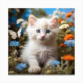 White Kitten In Flowers Canvas Print