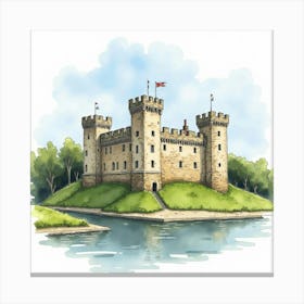 Watercolor Scene Of The Alnwick Castle In Northumberland, Featuring Its Grand Design And Scenic Backdrop Canvas Print