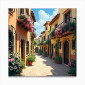 Spanish Village Alleyway With Blooming Flowers And Charming Architecture Canvas Print