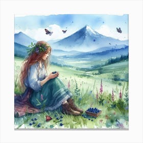 Watercolor Girl With Blueberries Canvas Print