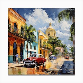 Sunlit Streets: Vintage charm in a tropical town. Canvas Print