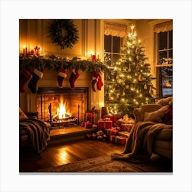 A Cozy Winter Evening By A Roaring Fireplace An Ornately Decorated Christmas Tree Situated In The C (6) Canvas Print